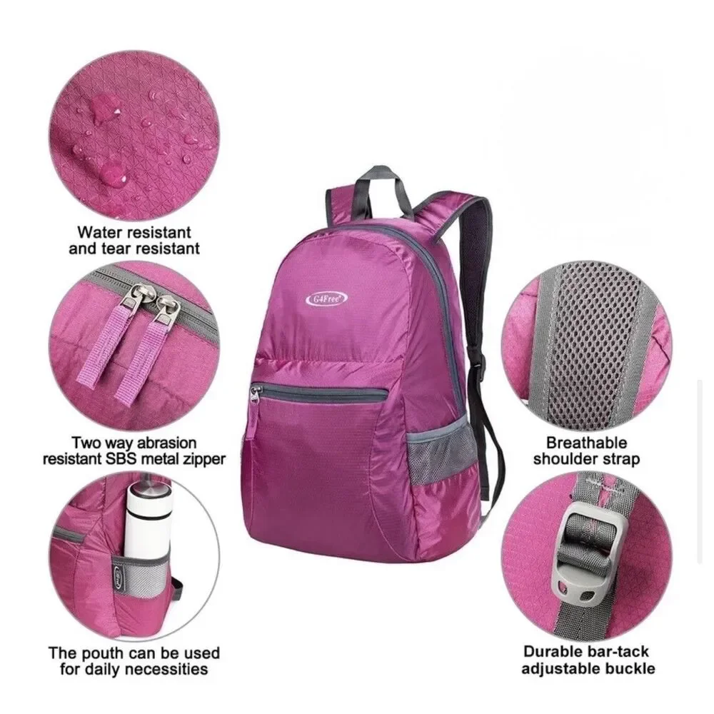 G4FREE Ultra Lightweight Foldable 20L Dark Pink Water Resistant Backpack (B× 4)